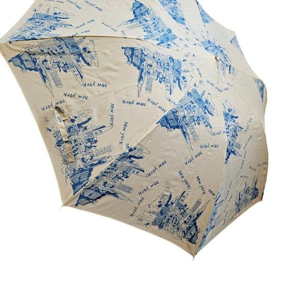 Vintage NEW YORK CITY Skyline‎ Compact Rain Umbrella 32” Wood Handle Cream - Picture 7 of 9